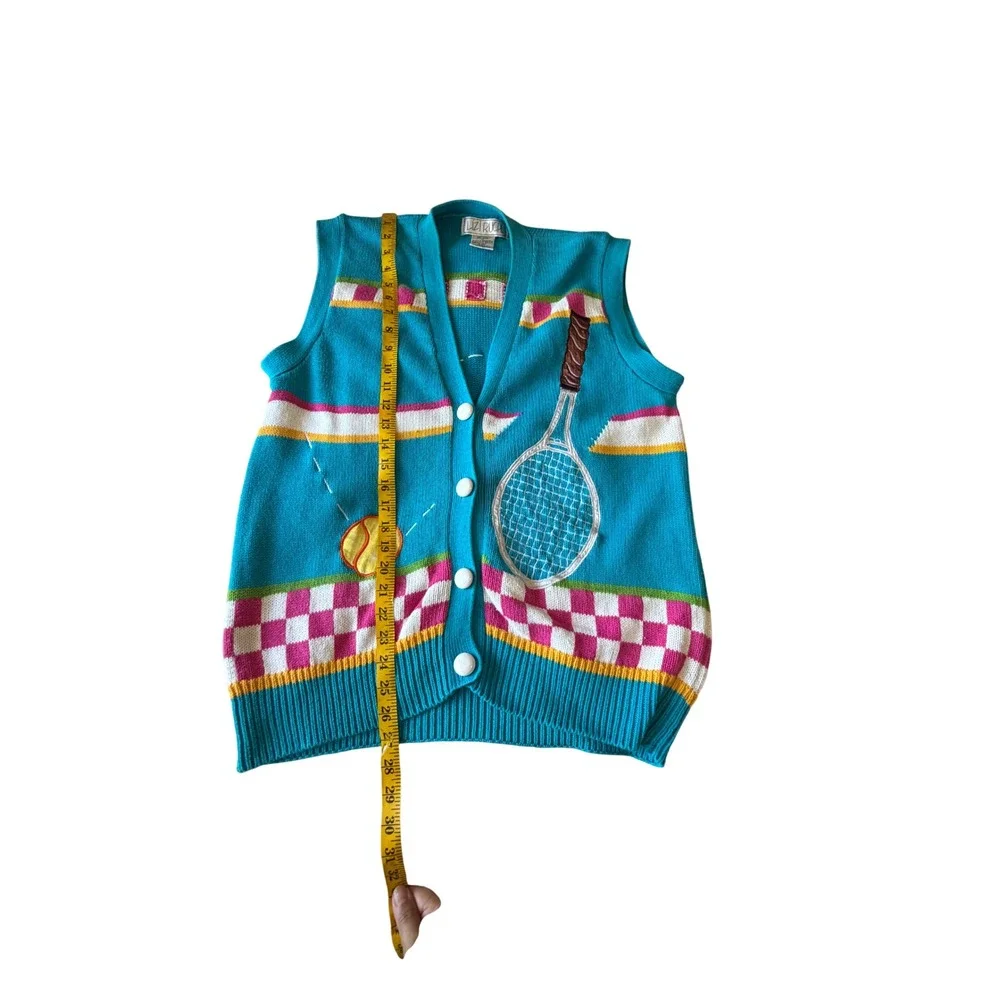 Lizi Ruch Vintage Tennis Sweater Vest Turquoise Blue Cotton Knit Cardigan Medium - Picture 2 of 10